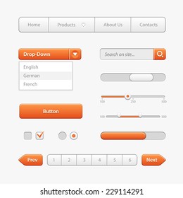 Orange Light User Interface Controls. Web-Elemente. Website, Software-Benutzeroberfläche: Tasten, Schalter, Pfeiltasten, Dropdown, Navigation, Menü, Kontrollkästchen, Radio, Roller, Statusleiste, Pagination, Eingabesuche