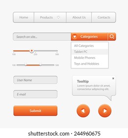 Orange Light User Interface Controls. Web Elements. Website, Software UI: Buttons, Switchers, Slider, Drop-down, Navigation Bar, Menu, Check Box, Scroller, Input Search, Progress, Text Area, Tooltip