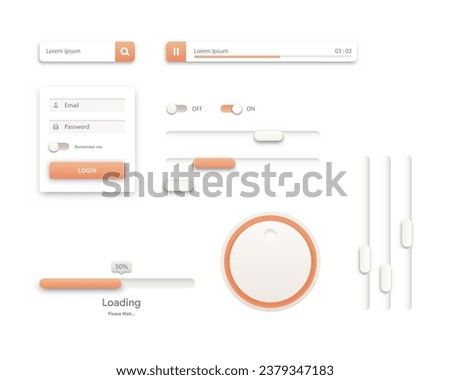 Orange Light User Interface Controls. Web Elements. Website, Software UI: Buttons, Switchers, Slider, Drop-down, Navigation Bar, Menu, Check Box, Scroller, Input Search, Progress, Text Area, Tooltip