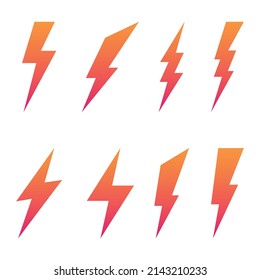 Orange lightning bolt icons isolated on white background. Flash symbol, thunderbolt. Simple lightning strike sign. Vector illustration.