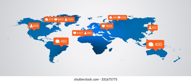 Orange Like, follower, comment icons on blue white world map. Vector illustration.