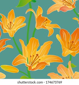 Orange lilies background. Seamless texture