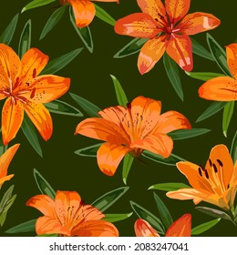 Orange lilies bright beautiful seamless vector pattern