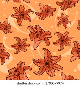 Orange lilies seamless pattern. Floral repetitive background with summer flowers.