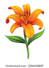 Orange lily flower with smooth petals and leaves, perfect for elegant floral designs. Vector cartoon illustration