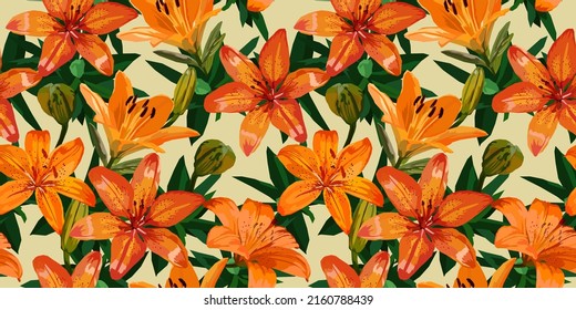 Orange lily flowers vector seamless pattern