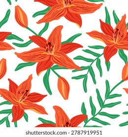 Orange lily seamless pattern vector illustration. Blooming tiger lily flowers, buds and green leaves on white background. Vibrant botanical print for textile, wallpaper. Floral fire lily repeat tile