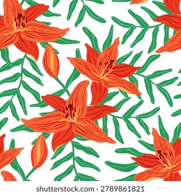 Orange lily seamless pattern vector illustration. Blooming tiger lily flowers, buds and lush leaves isolated on white background. Vibrant botanical arrangement design. Floral fire lily repeat tile