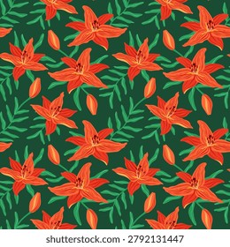 Orange lily seamless pattern vector illustration. Blooming tiger lily flowers, buds and leaves on dark green background. Vibrant botanical print for textile, wallpaper. Floral fire lily repeat tile