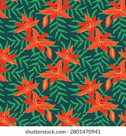 Orange lily seamless pattern vector illustration. Elegant blooming tiger lily flowers, buds, lush leaves on dark background. Vibrant exotic botanical print. Floral fire lily repeat tile design