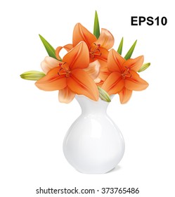 Orange lily in white vase isolated on white. Vector illustration