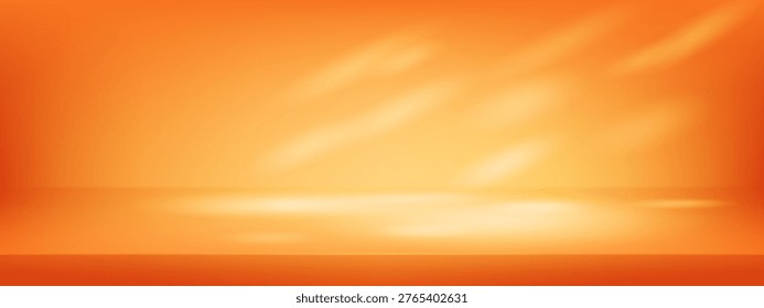 Orange limbo ground for yellow studio room background. Abstract bright back autumn kitchen bg with gradient pattern. Empty counter display stand with window light in warm interior scene backdrop.