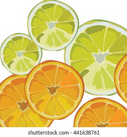Orange and Lime fresh slices Vector background. Vector summer fruits slices background