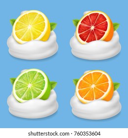 Orange, lime, grapefruit and lemon in yogurt . Citrus fruit in whipped cream Realistic illustration. vector icon set