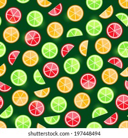 Orange lime grapefruit seamless pattern on dark background