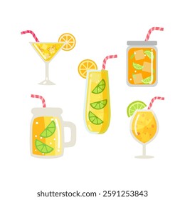 Orange and Lime juice bottle, glass, pack set. Flat vector illustration isolated background.