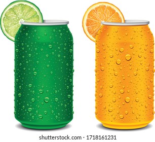 Orange and Lime juice can,fruit slices,  can with many juice drops	

