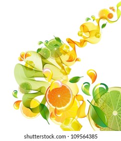 Orange And Lime Juice Splash With Abstract Wave, Vector Illustration