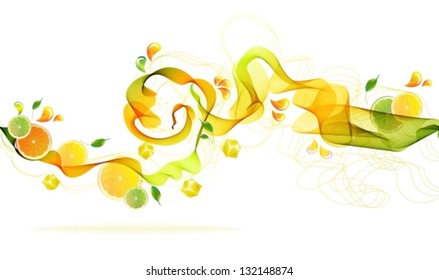 Orange and lime juice splash with abstract wave, Vector background illustration