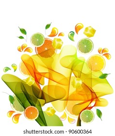 Orange And Lime Juice Splash With Abstract Wave, Vector