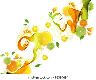 Orange And Lime Juice Splash With Abstract Wave, Beautiful Vector Illustration