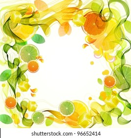 Orange And Lime Juice Splash With Abstract Wave, Beautiful Vector Illustration