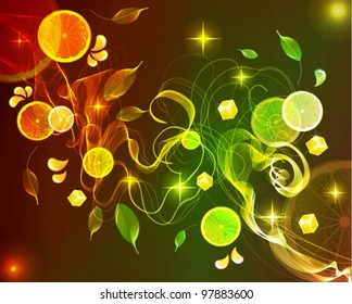 Orange And Lime Juice Splash With Abstract Wave,vector Background Illustration