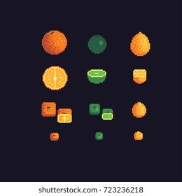 orange, lime and lemon pixel art icons set, vector illustration.
