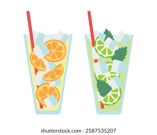 Orange, Lime and Mint Cocktails. Ice cubes. Fruit pieces in Glass, straw. Summer cold refreshing drinks for cafe. Mojito, Lemonade, soda. Vitamins, healthy food, detox. Flat style. Vector illustration