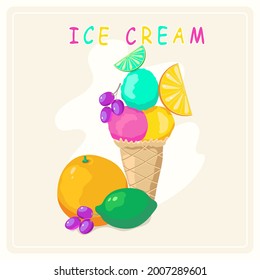 Orange lime mint ice cream in waffle cone.
Vector flat cartoon illustration