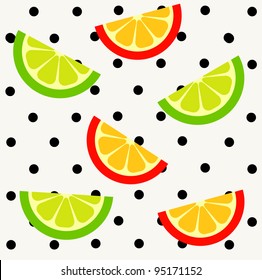 Orange and lime slices on polka dot background. Seamless pattern.