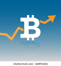 Orange up line arrow between bitcoin sign on blue gradient background. Flat icon design. Vector illustration. Eps 10