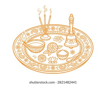 Orange line art of Hindu puja thali with diya incense and bell