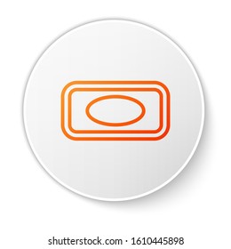 Orange line Bar of soap with foam icon isolated on white background. Soap bar with bubbles. White circle button. Vector Illustration