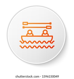 Orange line Boat with oars and people icon isolated on white background. Water sports, extreme sports, holiday, vacation, team building. White circle button. Vector Illustration