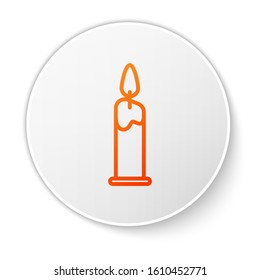 Orange line Burning candle in candlestick icon isolated on white background. Cylindrical candle stick with burning flame. White circle button. Vector Illustration