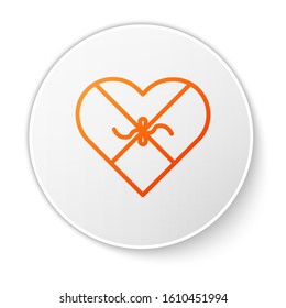 Orange line Candy in heart shaped box and bow icon isolated on white background. Valentines Day. White circle button. Vector Illustration