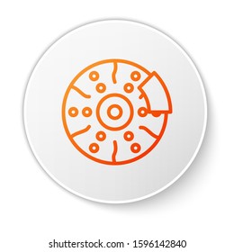 Orange line Car brake disk with caliper icon isolated on white background. White circle button. Vector Illustration