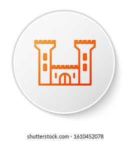 Orange line Castle icon isolated on white background. Fortress sign. White circle button. Vector Illustration