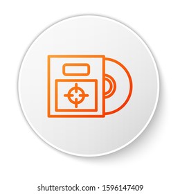 Orange line CD or DVD disk in box icon isolated on white background. Compact disc sign. White circle button. Vector Illustration