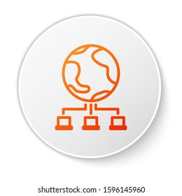 Orange line Computer network icon isolated on white background. Online gaming. Laptop network. Internet connection. White circle button. Vector Illustration