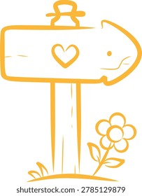 Orange line drawing of a mailbox on a post with a heart symbol on the box and a flower plant beside it.