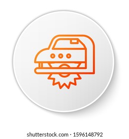 Orange line Electric circular saw with steel toothed disc icon isolated on white background. Electric hand tool for cutting wood or metal. White circle button. Vector Illustration