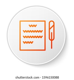 Orange line Feather pen and paper scroll icon isolated on white background. White circle button. Vector Illustration