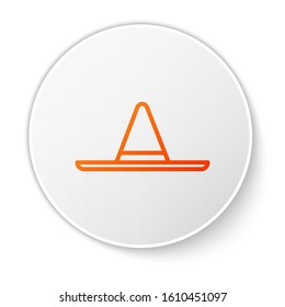 Orange line Gardener, farmer or agricultural worker hat icon isolated on white background. White circle button. Vector Illustration