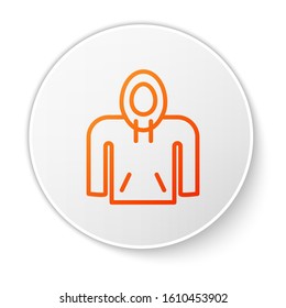 Orange line Hoodie icon isolated on white background. Hooded sweatshirt. White circle button. Vector Illustration
