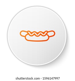 Orange line Hotdog sandwich with mustard icon isolated on white background. Sausage icon. Street fast food menu. White circle button. Vector Illustration