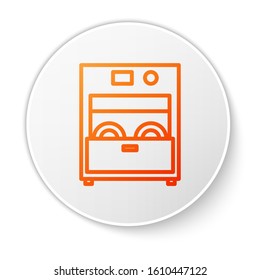 Orange line Kitchen dishwasher machine icon isolated on white background. White circle button. Vector Illustration