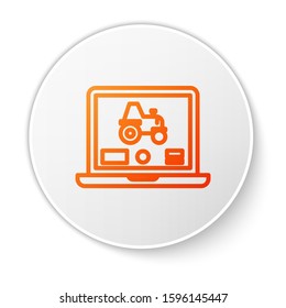 Orange line Laptop application for control a autonomous tractor on a smart farm icon isolated on white background. Smart agriculture implement. White circle button. Vector Illustration