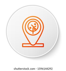Orange line Location and tree icon isolated on white background. White circle button. Vector Illustration